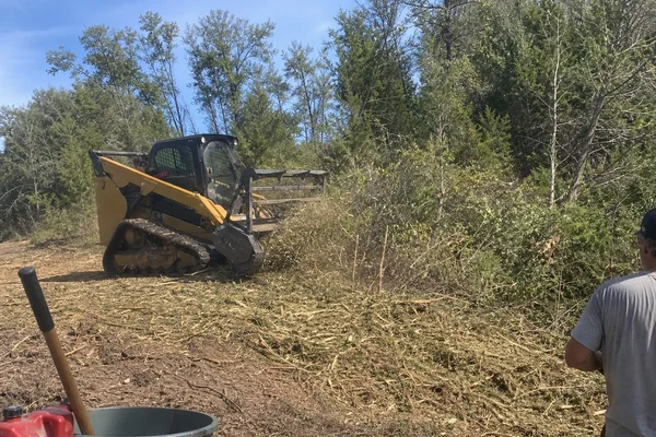 Caterpillar skid steer mulching cedar brush