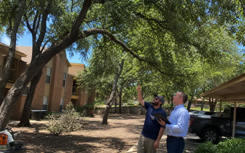 Property manager and arborist walking a commercial property