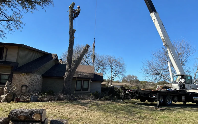 Sectional crane dismantling in progress over a home